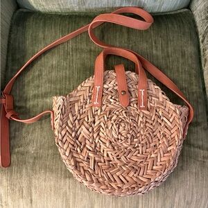 Woven Round Crossbody Bag with Tan Leather Trim